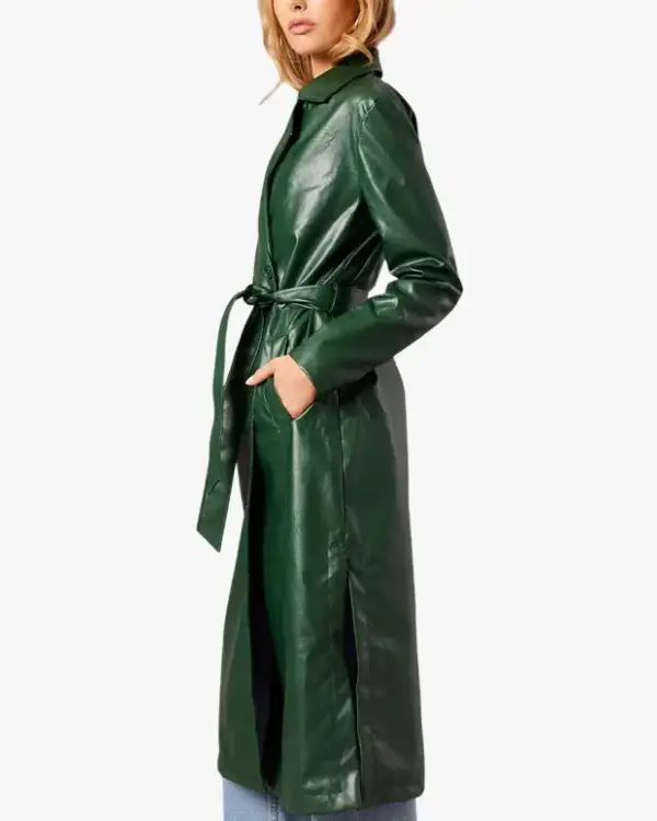 Buy Long Sleeves Faux Leather Green Trench