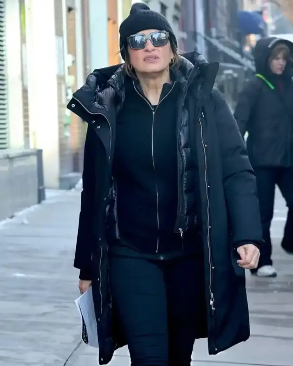 Buy Mariska Hargitay Law and Order SVU 2025 Double-Layer Quilted Puffer Mid-Thigh Black Hooded Coat