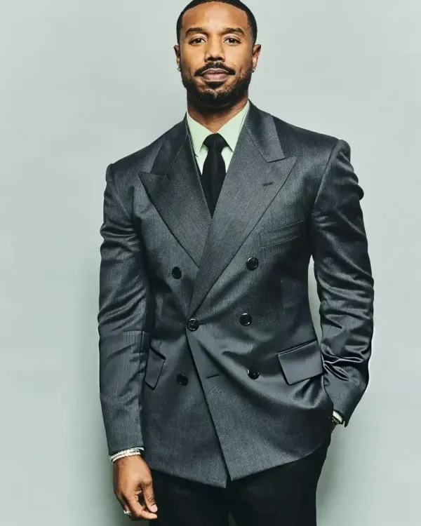 Buy Michael B. Jordan 2025 Gotham Awards Double-Breasted, Peak Lapel Dark Charcoal Grey Blazer