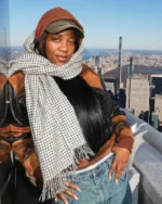 Buy Rachel Chinouriri Empire State Building 2025 Distressed Black Cropped Leather Bomber Jacket