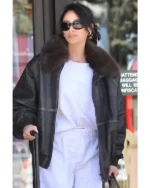 Buy Shay Mitchell Black Retro Aviator Shearling Bomber Jacket