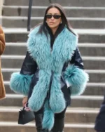 Buy Shay Mitchell Fur Trim Black Leather Coat