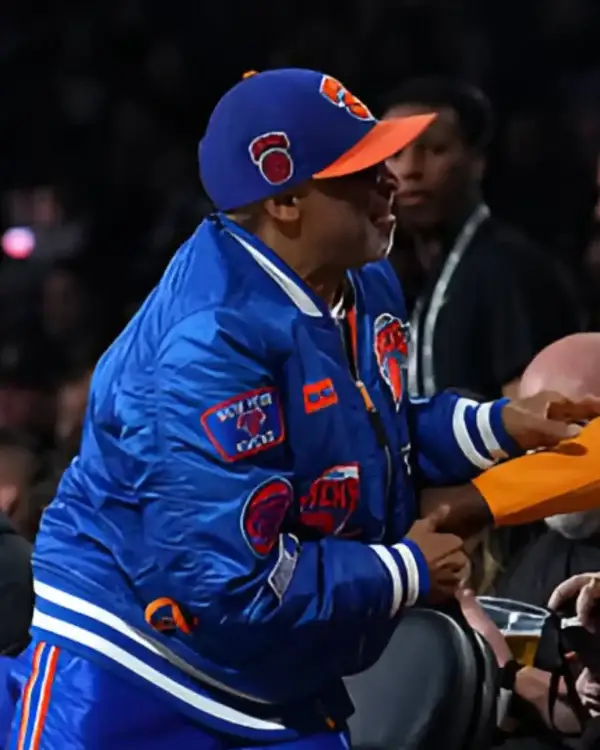 Buy Spike Lee Emirates Cup Semifinals 2025 Knicks Royal Blue Satin Bomber Jacket