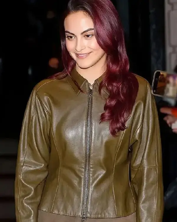 Camila Mendes SNL 2025 Olive Green Leather Jacket