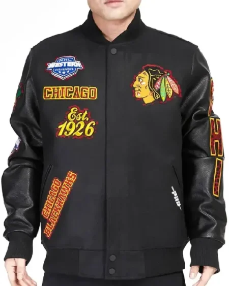 Chicago Blackhawks Animal Patches Black Varsity Jacket