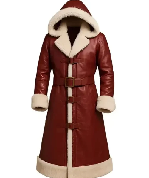 Christmas Red Leather Shearling Hooded Coat for Men