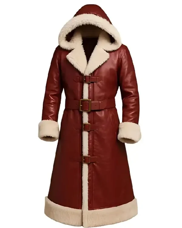 Christmas Red Leather Shearling Hooded Coat for Men