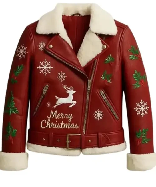 Christmas Reindeer Embroidered Red Leather Jacket