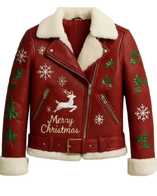 Christmas Reindeer Embroidered Red Leather Jacket