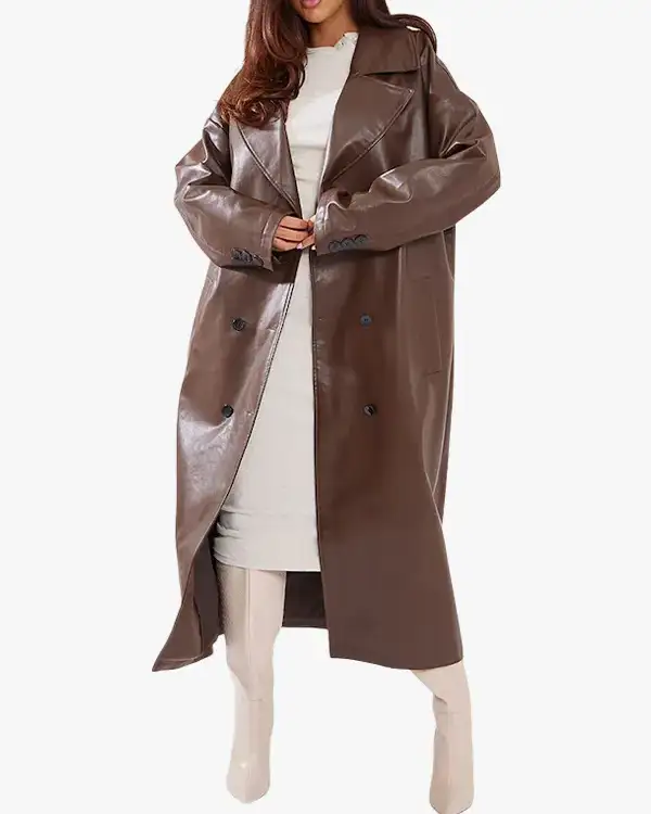 Double Breasted Faux Leather Trench Coat