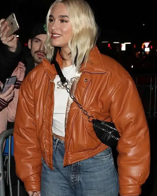 Dua Lipa BBC Radio 1 Studios Brown Leather Jacket