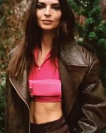 Emily Ratajkowski Brown Distressed Leather Jacket