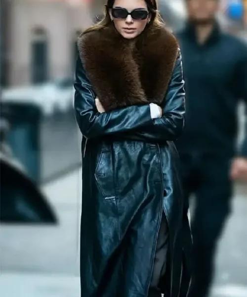 Kendall Jenner Black Leather Trench Coat