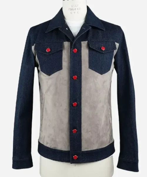 Kiton Blue Beige Cotton Ea Suede Leather Denim Coat