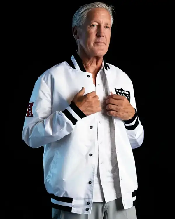 Las Vegas Raiders Coach Pete Carroll White Satin Bomber Jacket