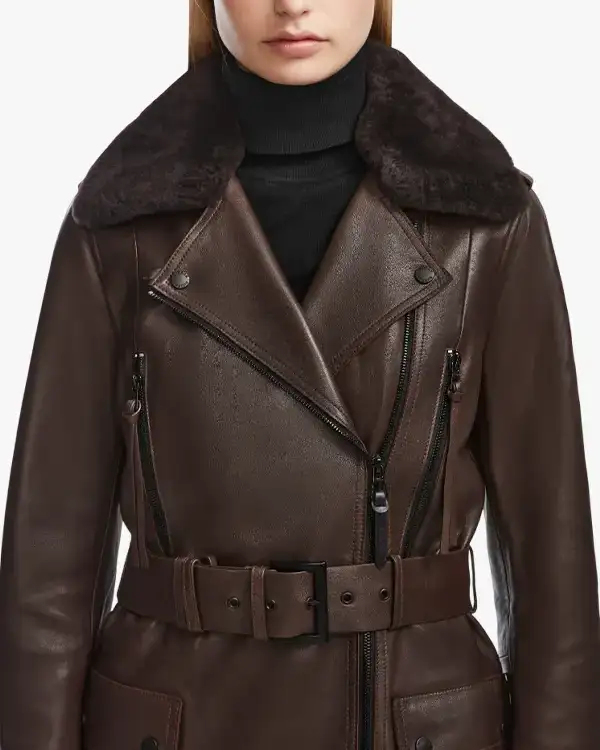 Leather Trench Coat with Shearling Collar For Women’s For Sale