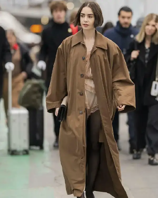 Lily Collins Oversized Brown Cotton Coat