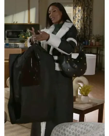 Mann-Grant Beyond the Gates 2025 Dana “Leslie” Thomas Black and White Leather Sherpa Trim Trench Coat