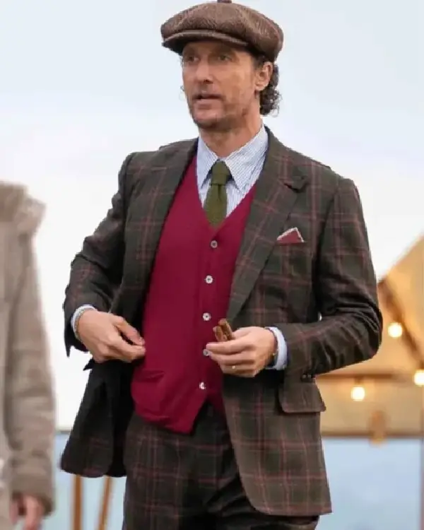 Matthew McConaughey The Gentlemen Michael Pearson Brown Three Piece Single Breasted Notch Collar Plaid Suit