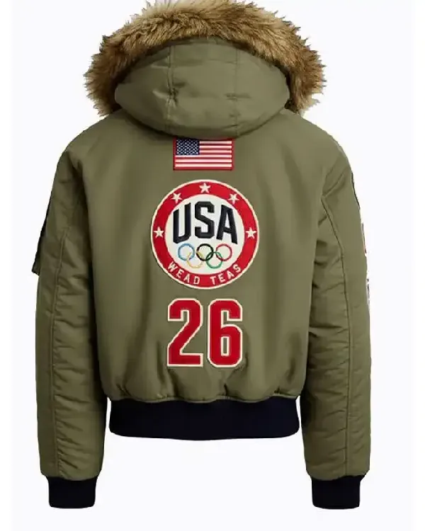 Olympic Milano Cortina 2026 Team USA Green Fur Hooded Bomber Jacket