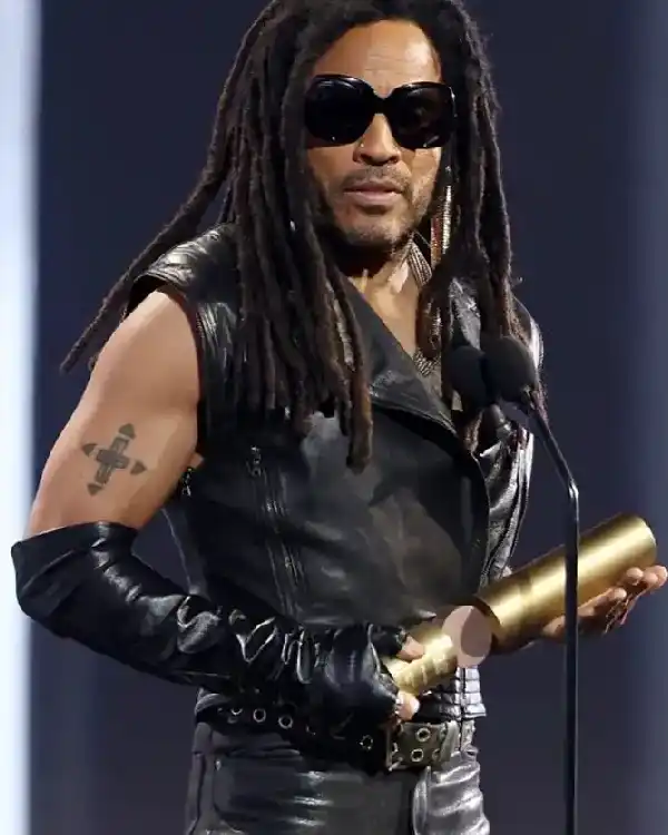 People’s Choice Awards 2024 Singer Lenny Kravitz Black Leather Biker Vest