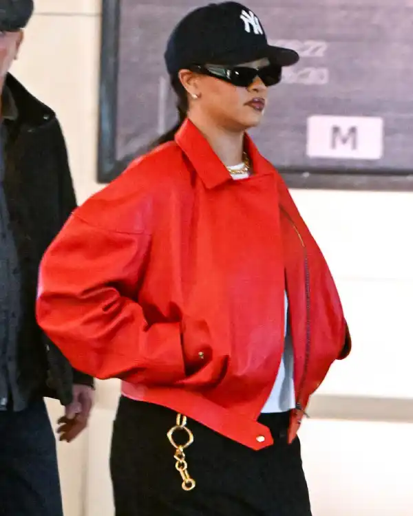 Rihanna Oversized Red Leather Jacket sale