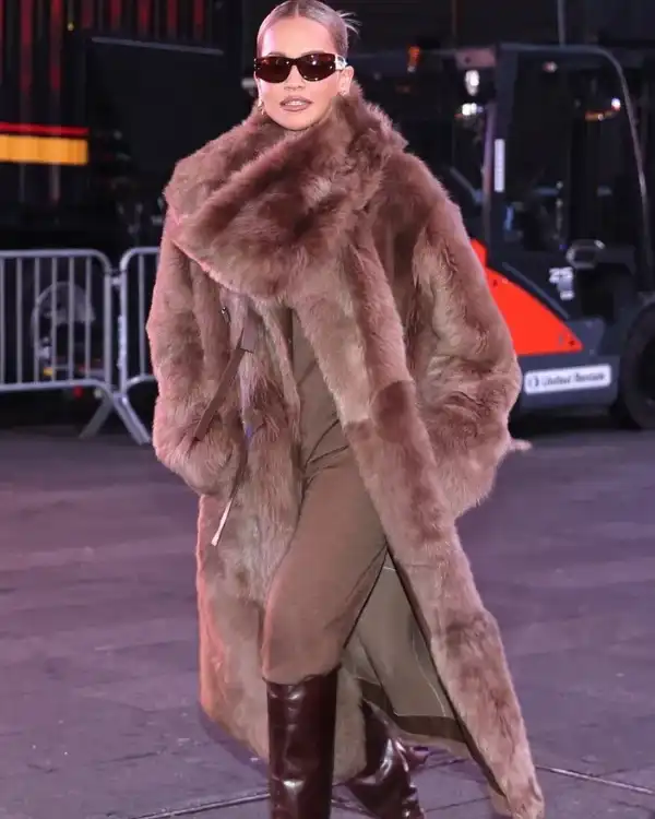Rita Ora “Dick Clark’s New Year’s Rockin’ Eve” NYC 2025 Brown Faux Fur Long Coat