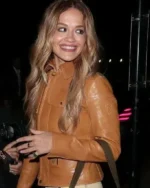 Shop British Singer Rita Ora Street Style Brown Belted Leather Jacket On Sale