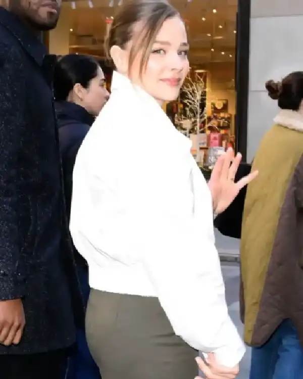 Shop Chloe Grace Moretz NYC White Crop Jacket Sale