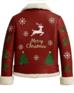 Shop Christmas Reindeer and Snow Flakes Embroidered Red Leather Shearling Biker Jacket Sale