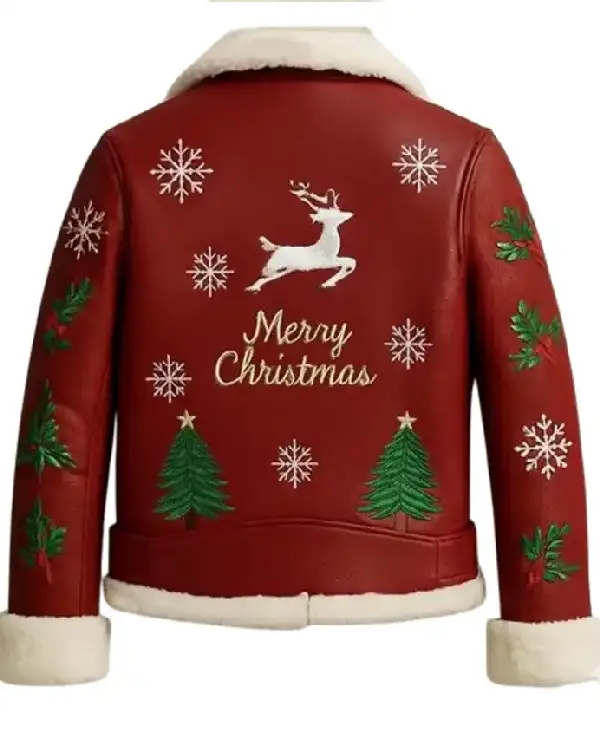 Shop Christmas Reindeer and Snow Flakes Embroidered Red Leather Shearling Biker Jacket Sale