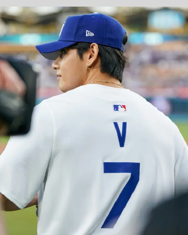 Shop Kim Taehyung V 7 LA Dodgers Nike Jersey White For Sale