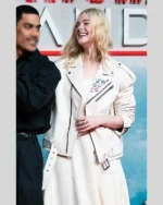 Shop Re-Creation – Elle Fanning Predator Badlands Event 2025 Thia White Leather Jacket For Sale