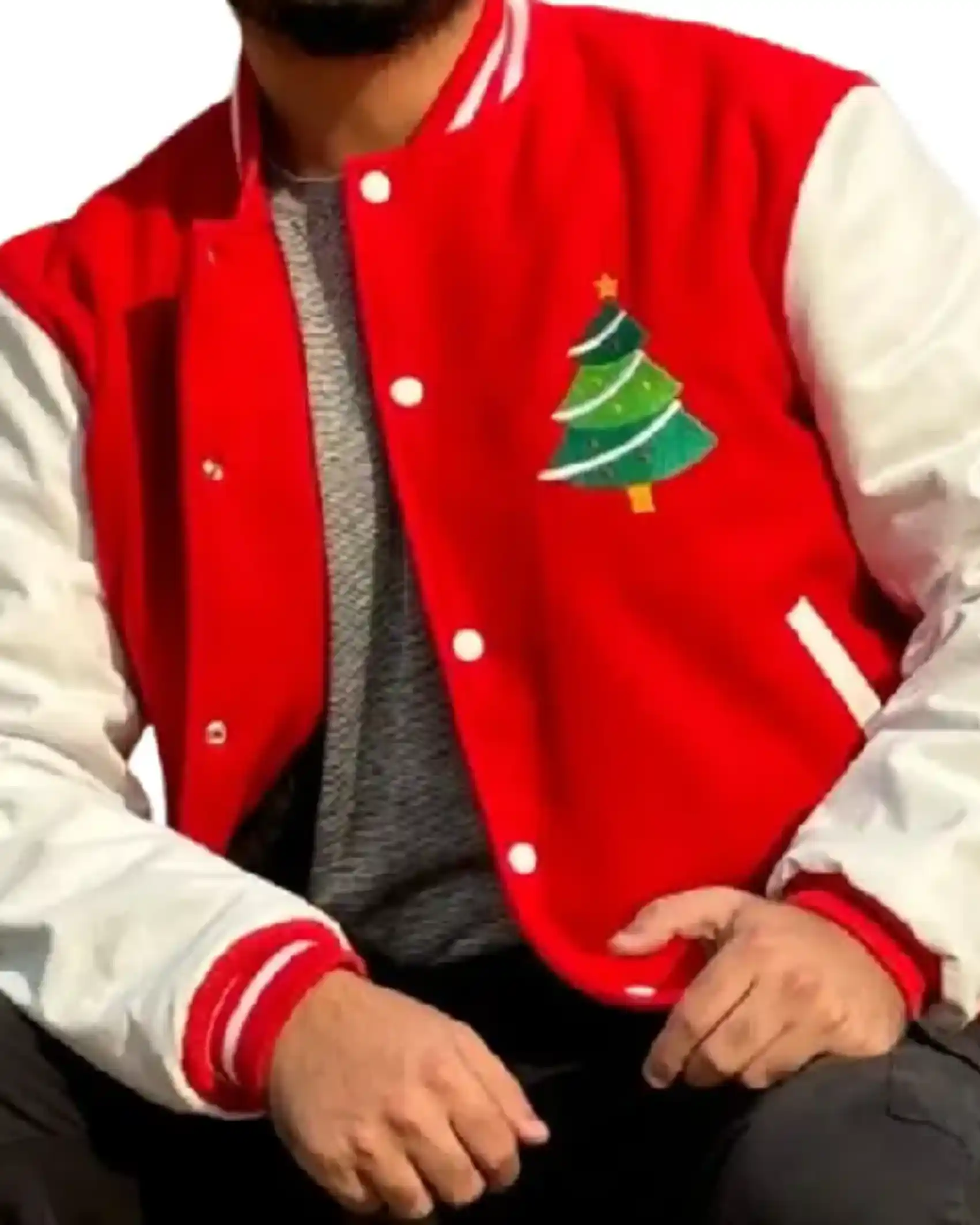 Shop Santa Red and White Merry Christmas and Tree Embroidered Varsity Jacket Sale