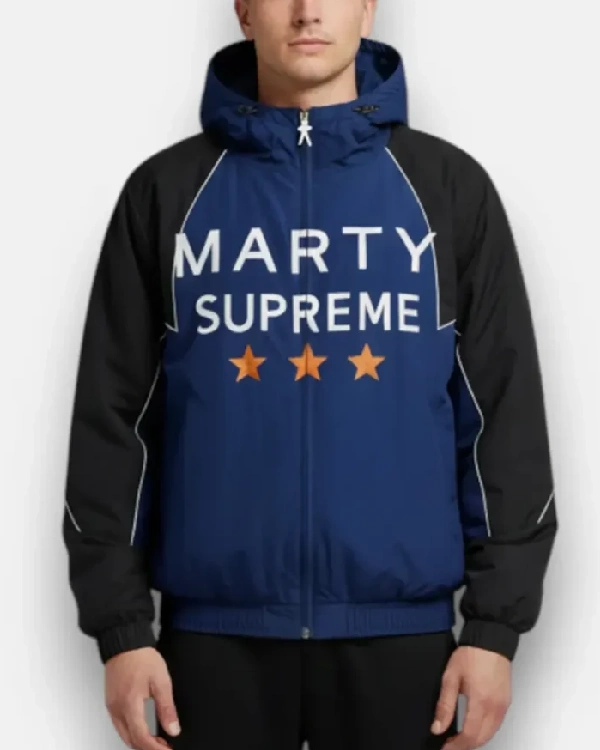 Susan Boyle Marty Supreme Chest Text, Orange Star Accents, and White Piping Navy Blue and Black Hooded