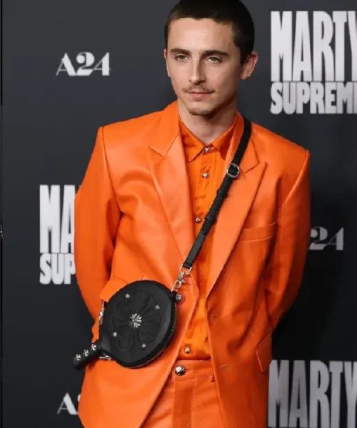 Timothée Chalamet Orange Leather Suit