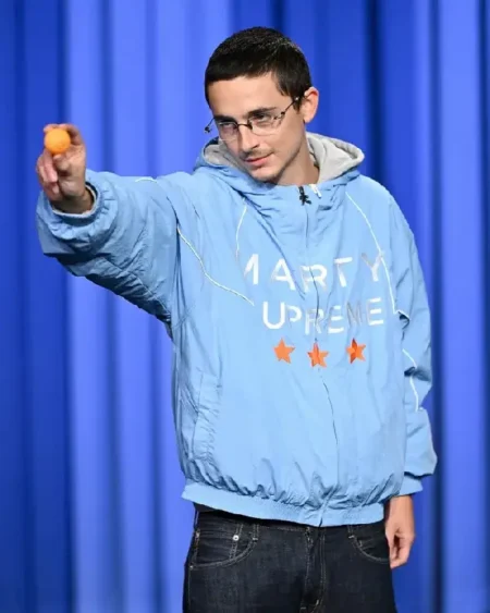 Timothée Chalamet The Tonight Show Starring Jimmy Fallon Light Blue Marty Supreme Jacket