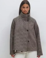 Tricot High Neck Short Check Brown Jacket