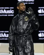Usher Super Bowl LVIII Performances Press Day Black Leather Coat