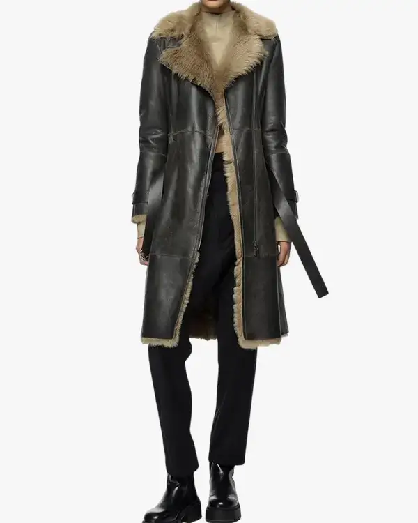 Women’s Belted Shearling Leather Trench Coat