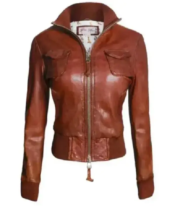 Womens Top Gun Vintage Zip Up Brown Cropped Bomber Jacket
