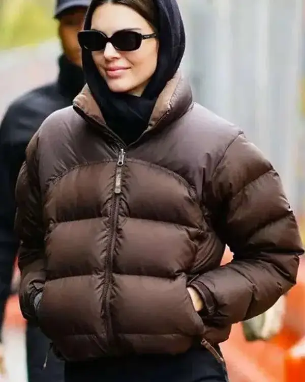 American Actress Kim Kardashian Brown Puffer Jacket