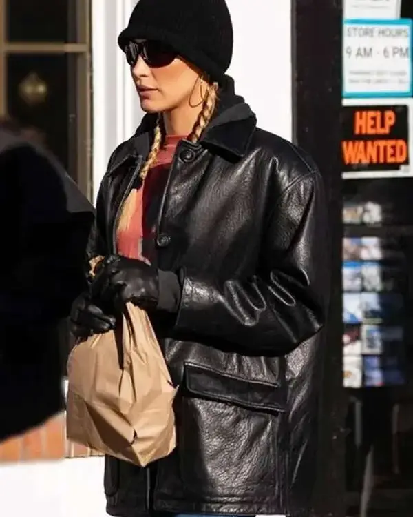 American Model Bella Hadid Black Leather Jacket sale