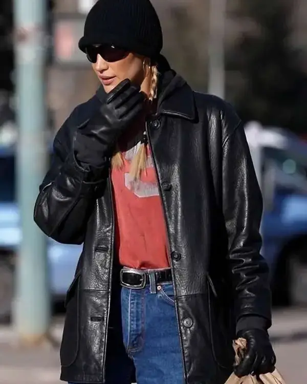 American Model Bella Hadid Black Leather Jacket