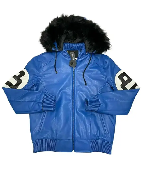 Buy 8 Ball Multicolor Hooded Leather Jacket blue