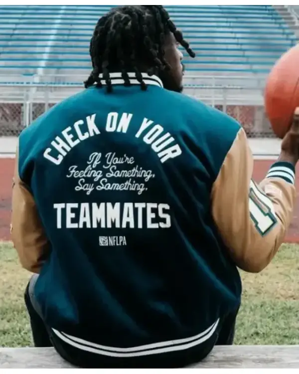 Buy AJ Brown Philadelphia Eagles Blue and Brown Varsity Wool Blend Leather Sleeves Jacket For Mens