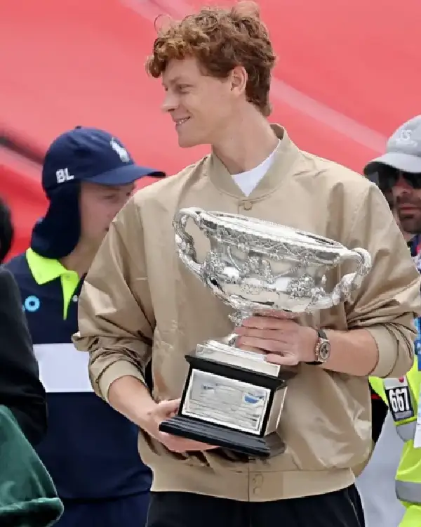 Buy Jannik Sinner Australian Open 2026 Ribbed Collar & Snap Button Closure Beige Bomber Jacket