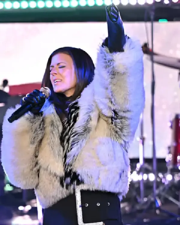 Buy Karen Fairchild New Year’s Eve 2026 White Black Paneled Tuxedo Stripes Cropped Oversized Faux-Fur Jacket