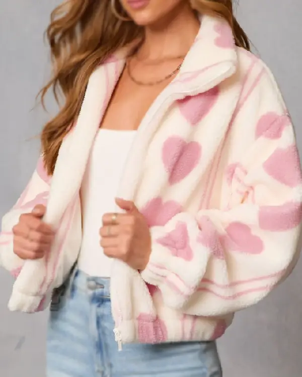 Buy Valentines Love Pink Heart Print Sherpa Fleece White Jacket