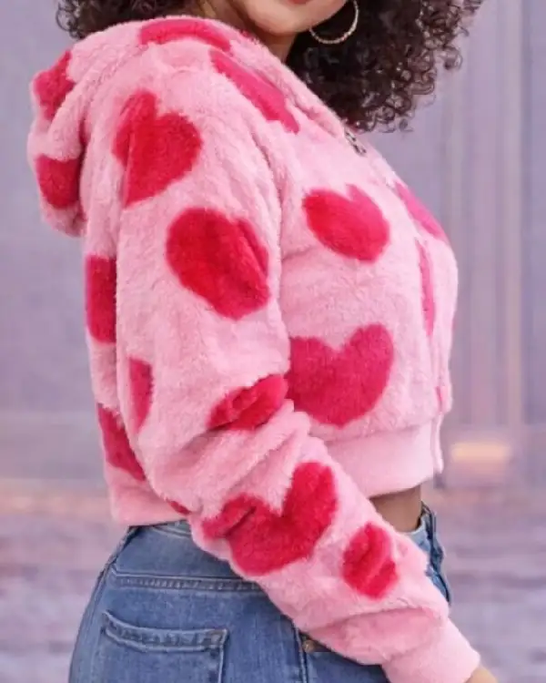 Buy Valentines Pink Heart Zip Sherpa Cropped Hoodie Sale